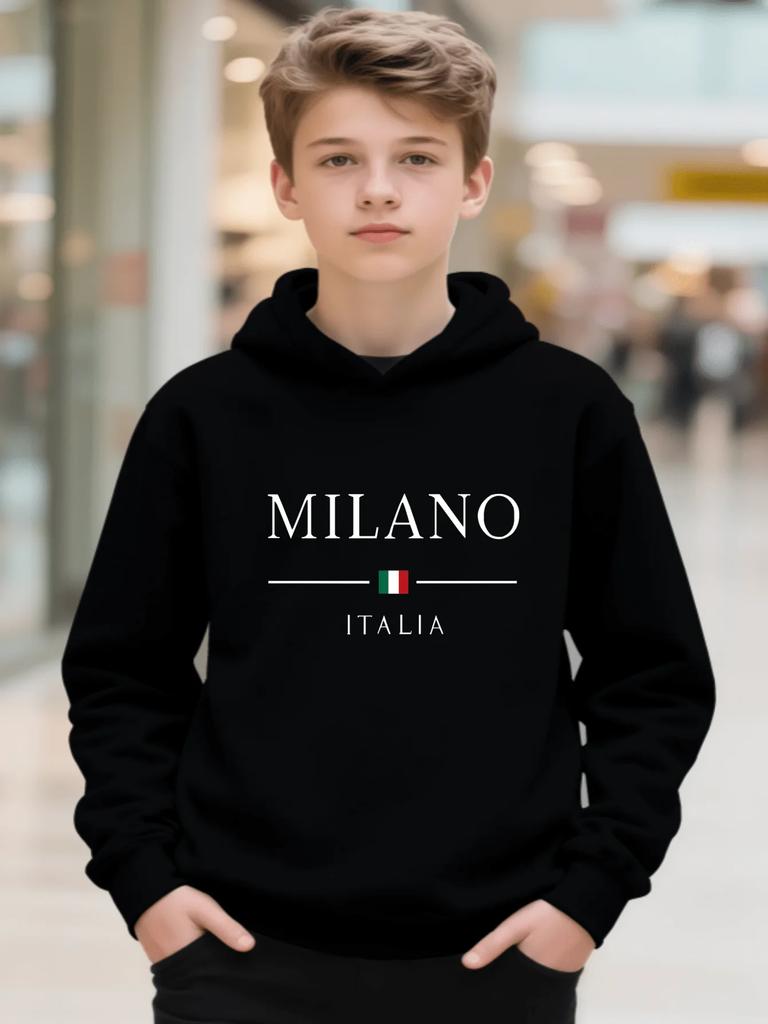 Kinder Streetwear Milano Italien Grafik Hoodie Italien Flagge Buchstaben Pullover Herbst Winter Fleece Warm Lässiges Kapuzensweatshirt