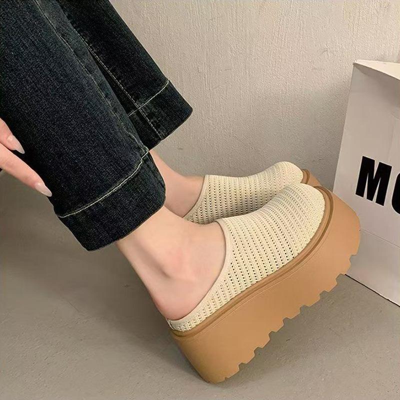 Thick-soled high-heeled mesh bag head half slippers, women's summer wear new one-pedal single shoes, cool slippers