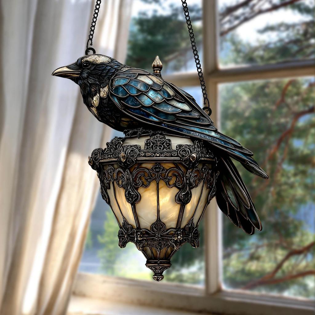 Gothic Raven Decor Decorative Acrylic Sun Catcher Faux Stained Glass Window Hanging Exquisite Halloween Crow Decor For Study