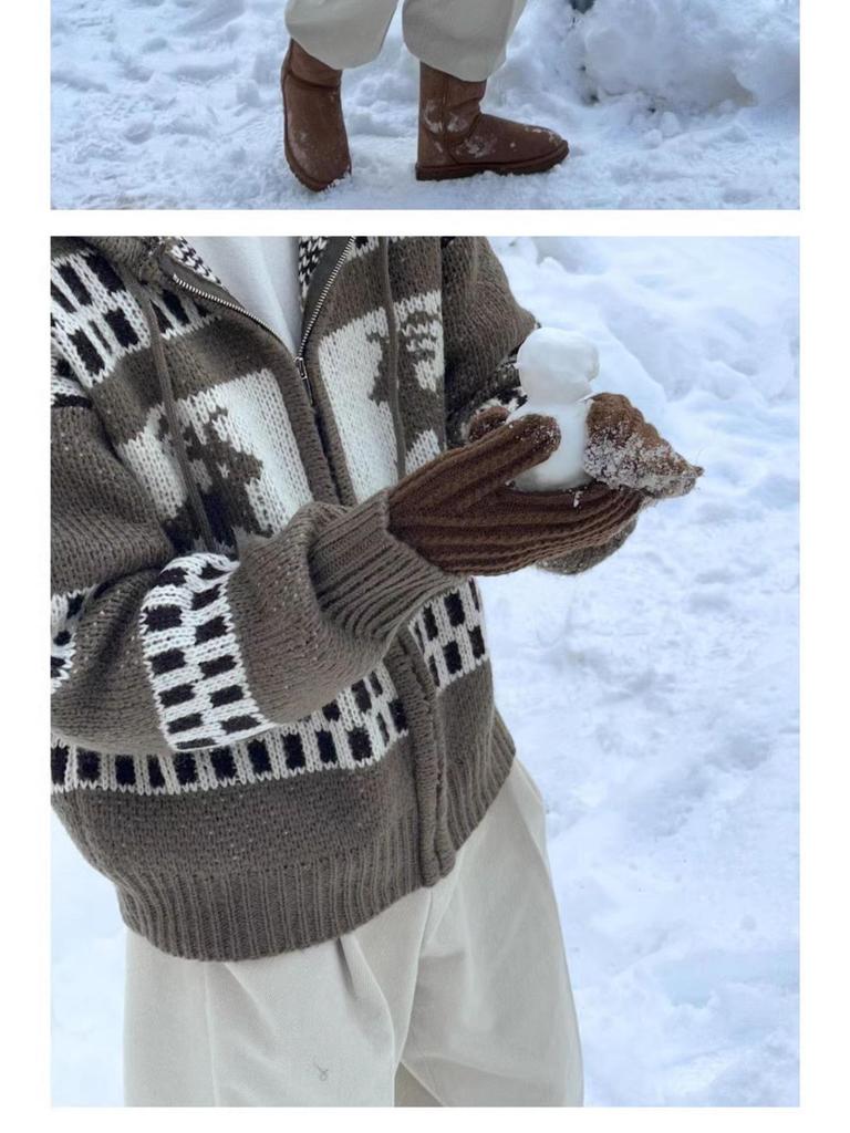 Pánský retro vánoční svetr s kapucí: Zimní žakárový kardigan na zip