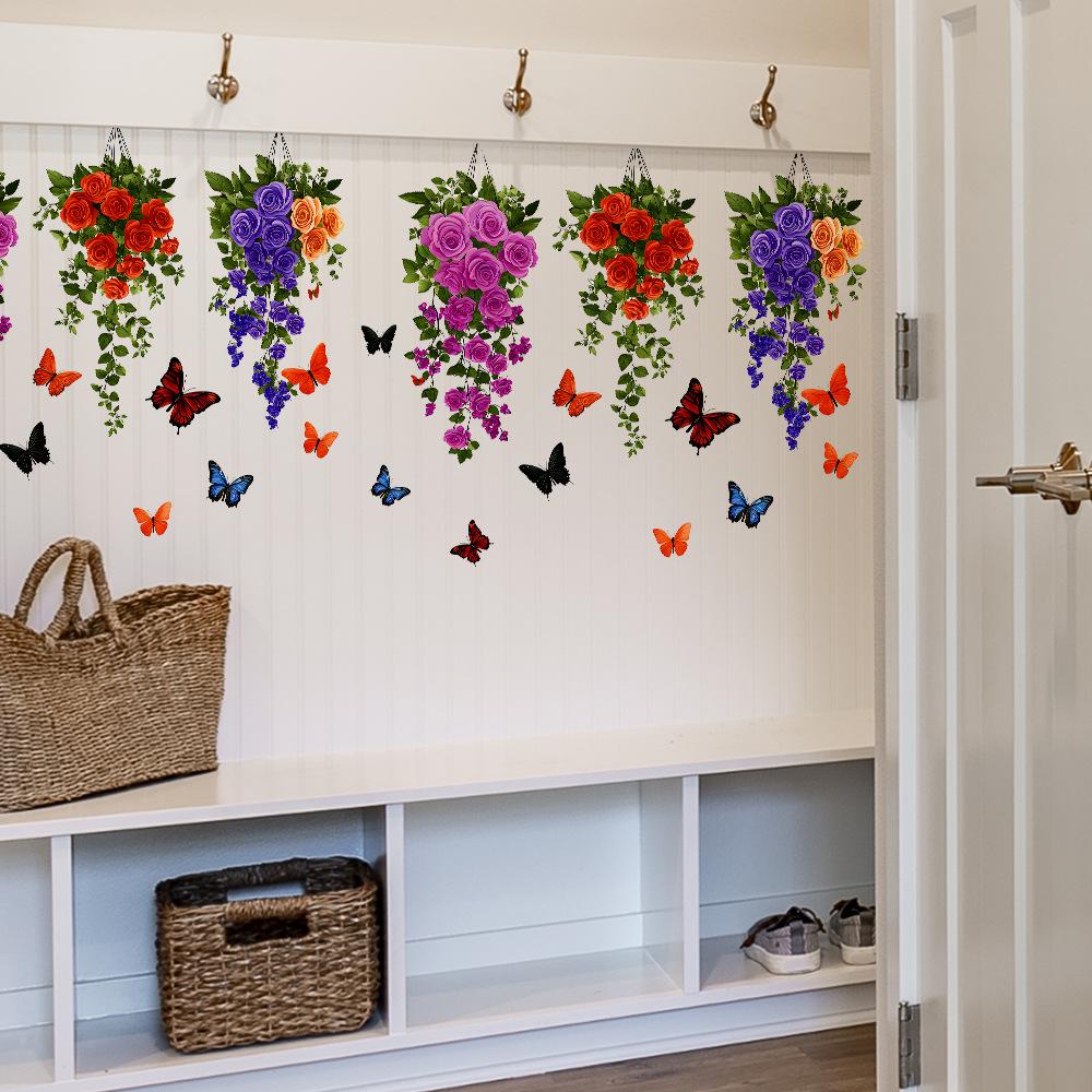 Painted Hanging Decorations Flower Basket Butterfly Bedroom Living Room Home Background Beautification Decoration Wall Stickers