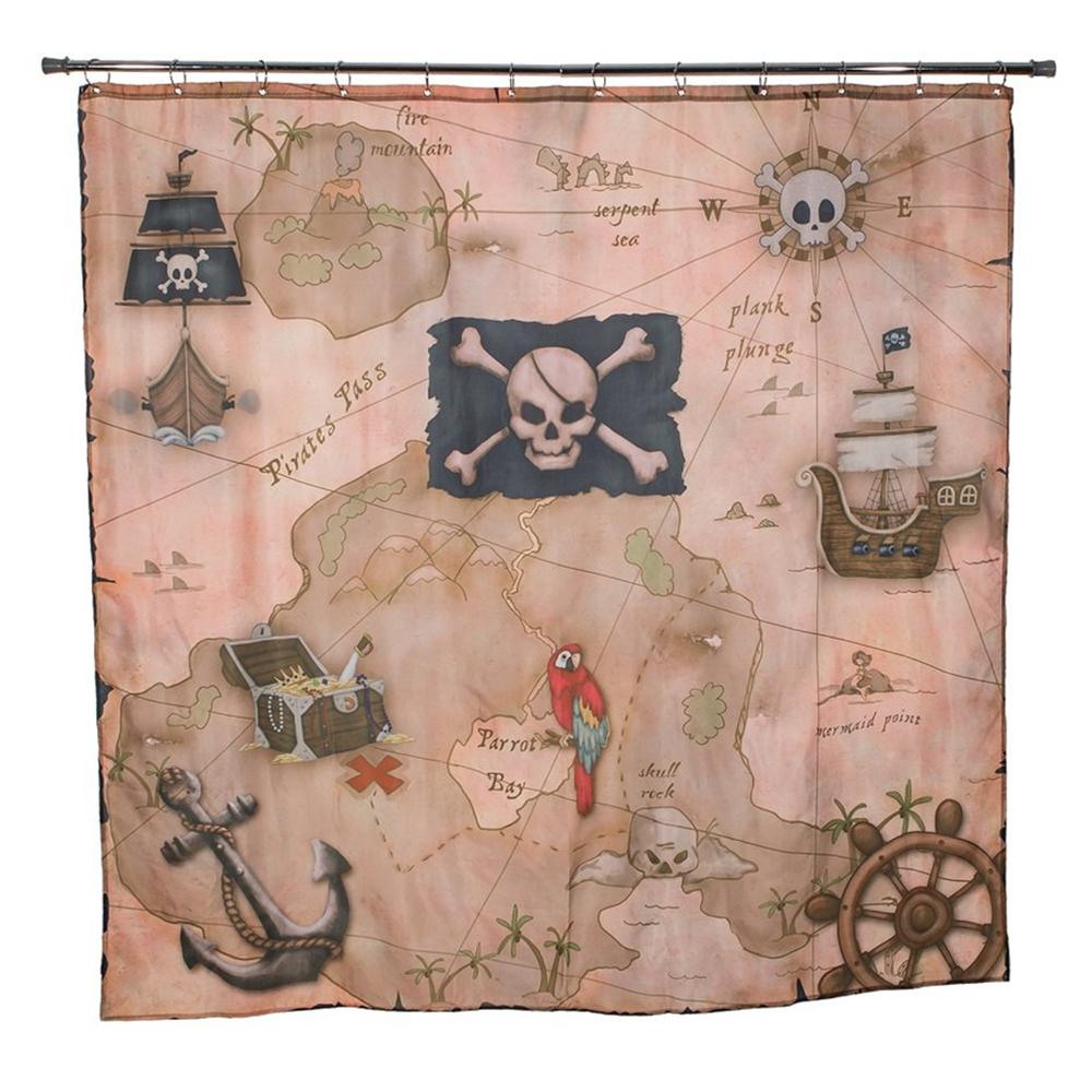 Maritieme Eilandkaart Douchegordijnen, Vintage Oude Kaart Piratenschip Decor Polyester Oceaan Oude Piraten Schatkaart Douchegordijn