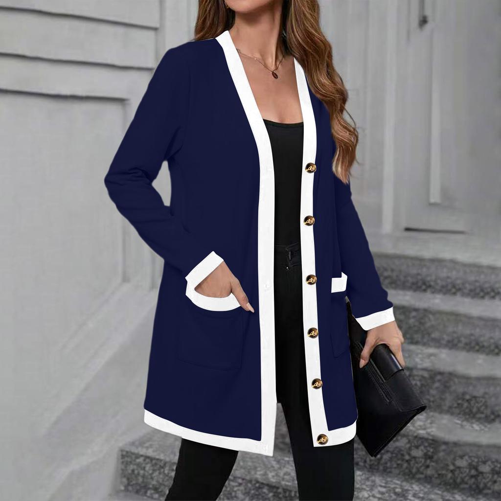 Women's Knitted Pocket Single-breasted Mid-length Contrast Color Casual Long-sleeved Cardigan Jacket