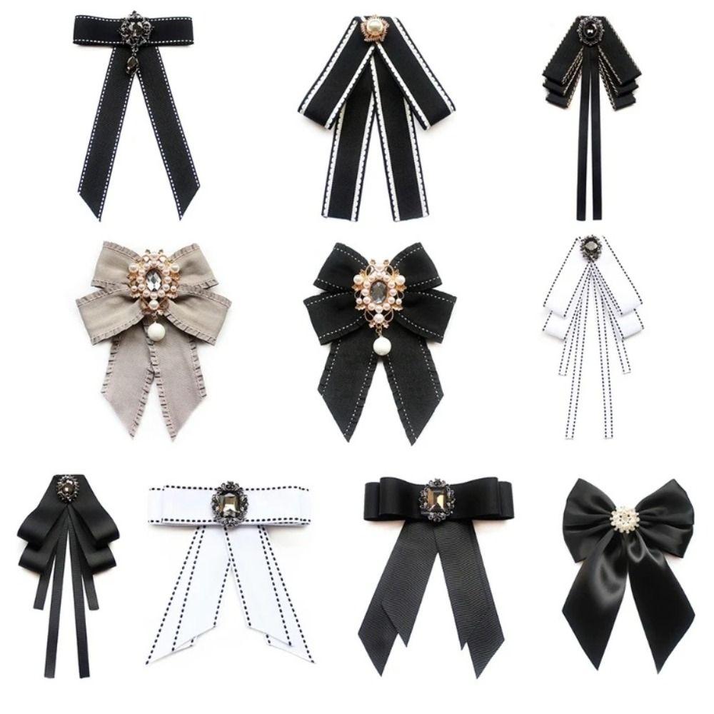 

Polyester fabric Women s JK Bow Tie Elegant Pearl Bow Blouse Collar Pin Bowknot Shirt Bowtie Shirt Diamond White