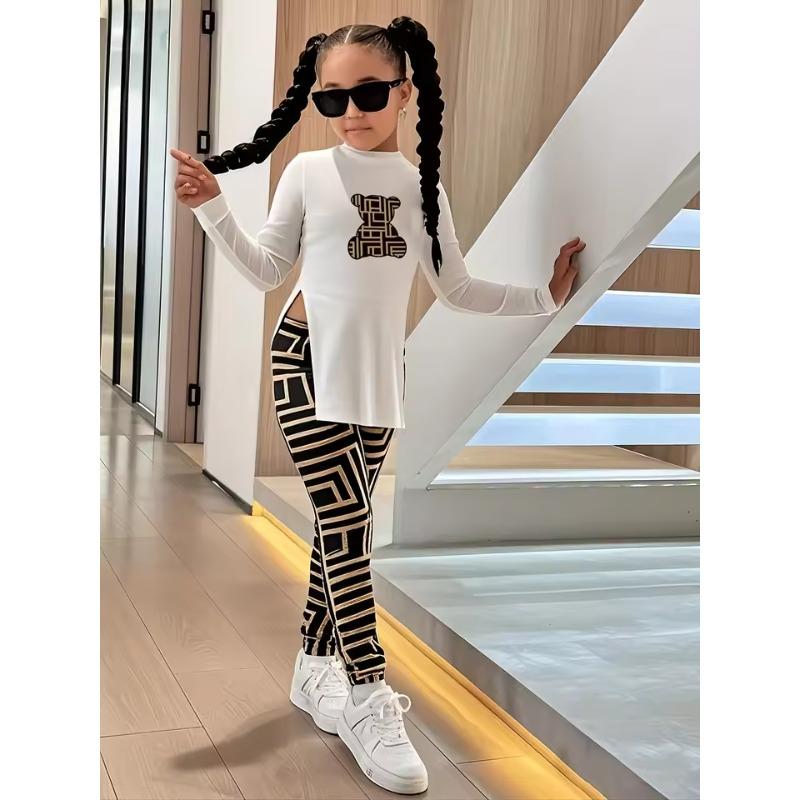 

Детская одежда для девочки Спортивный Повседневный Принт Вязаный Топ с Длинным Рукавом и Леггинсы с Геометрическим Узором Комплект Девочка Уличный Спортивный Повседневный Комплект из Двух Предметов 8Y белый