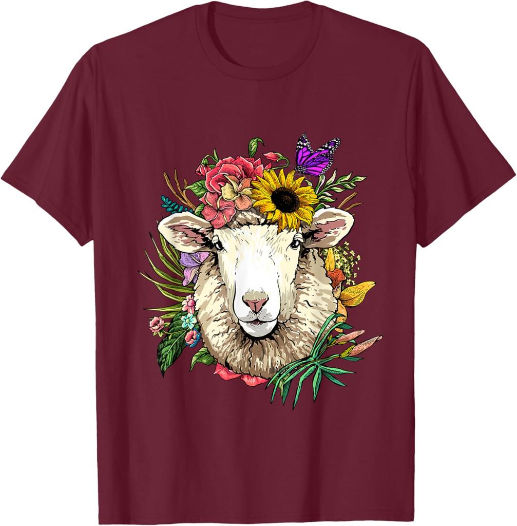 Blumen Schafskopf Kranz T-Shirt Tierliebhaber Bauernhof Grafik T-Shirt Frühling Sommer Freizeit