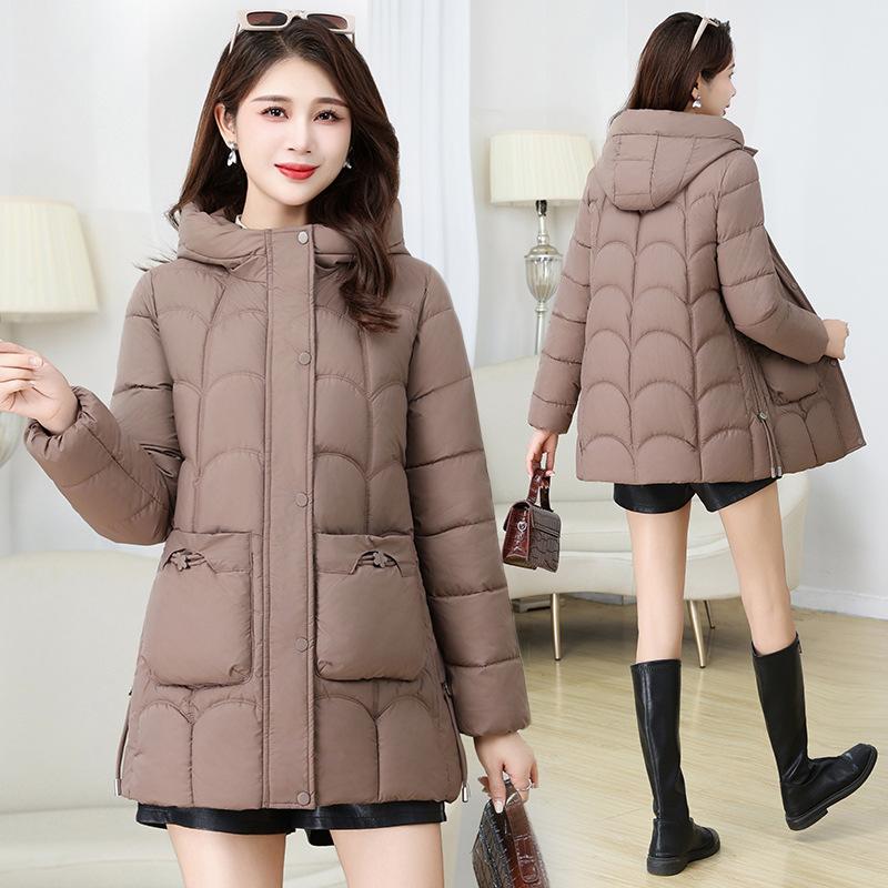 Fashion down cotton jacket women's mid-length winter 2025 hooded plus size slim padded jacket warm jacket