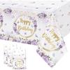MEHOFOND 3pcs Purple Happy Birthday Tablecloths for Girls, 108x54“ Pastel Violet Floral Dripping Glitter Bday Disposable Table Cover,Spring Flowers