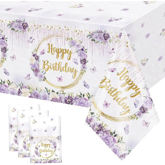 MEHOFOND 3pcs Purple Happy Birthday Tablecloths for Girls, 108x54“ Pastel Violet Floral Dripping Glitter Bday Disposable Table Cover,Spring Flowers