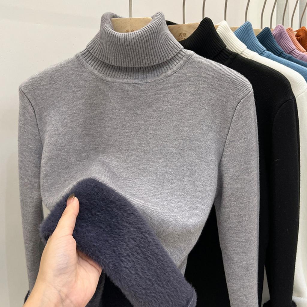 One Piece Velvet High Neck Sweater with Thickened Velvet for Women, Autumn and Winter New Warm Long Sleeved Base Sweater
