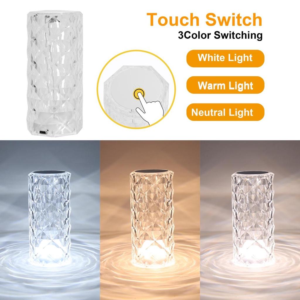 LED Crystal Desk Lamp Projector Bedside Atmosphere Light 3/16 Color Touch Adjustable Night Light Diamond Small Night Light Romantic Hand Gift