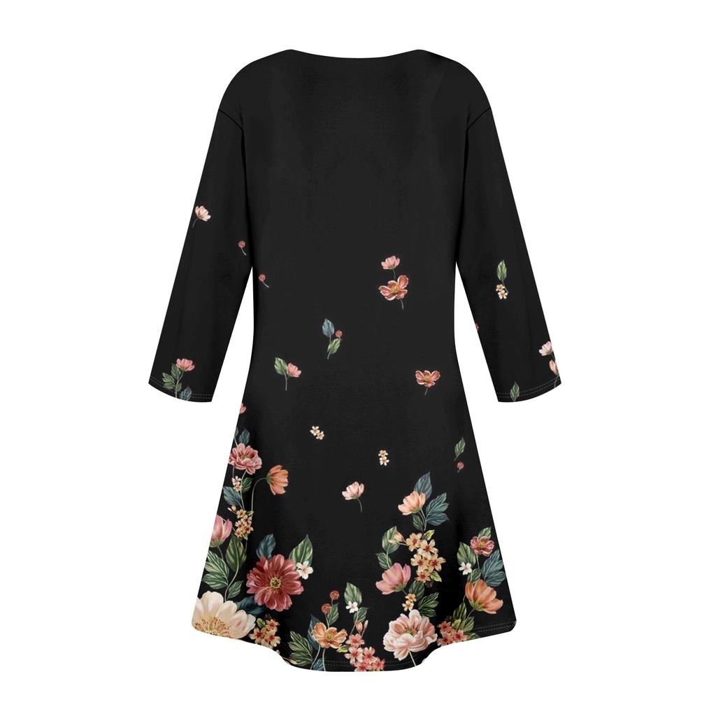 Women's Summer Dress Loose V Neck Three-quarter Sleeve Sundress With Pockets Dress