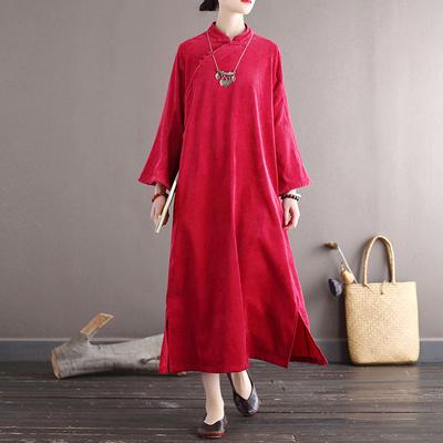 Women Corduroy Vintage Dresses Flare Sleeve Stand Autumn Button Solid Color Dresses For Women