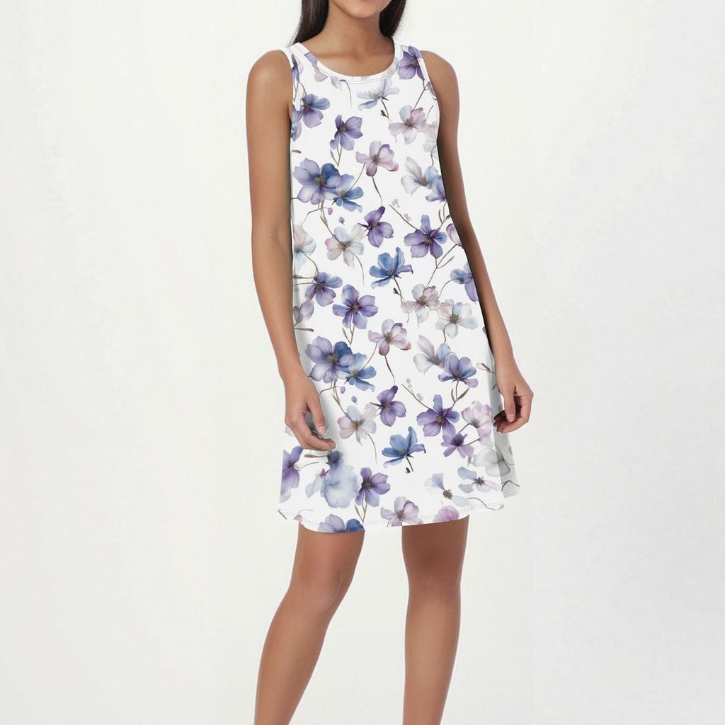 Women's Fashion Beach Dress Sleeveless Round Neck Floral Print Dress