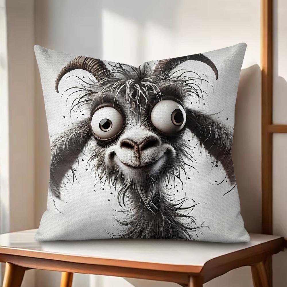 Spooky Goat Face Cushion Cover Natural Linen Organic Fabric DoubleSided Printing Couch Pillow Covers Home Decor Gift