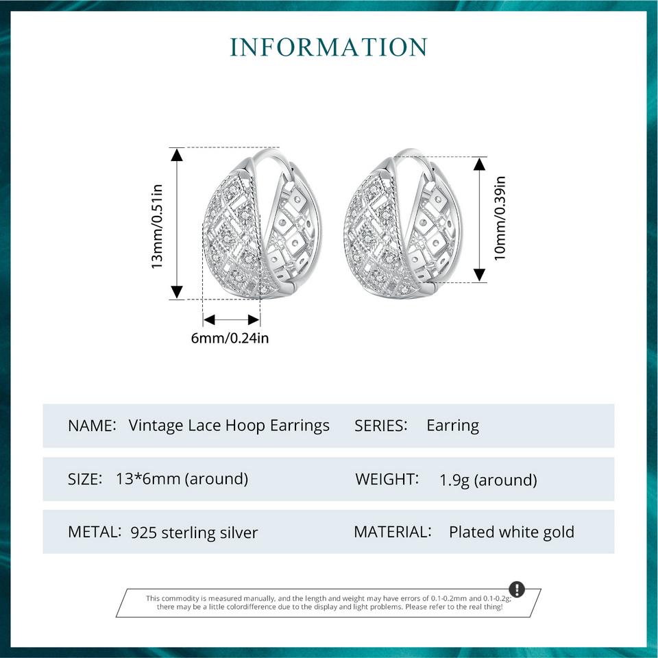 WOSTU 925 Sterling Silver Vintage Lace Hoop Earrings For Women Statement Jewelry Huge Hollow CZ Ear Buckles Wedding Party Gift