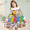 Little Girls White High Neck Fuzzy Trim Long Sleeve Tie Waist Motorcycle Printed A Line Flared Dress