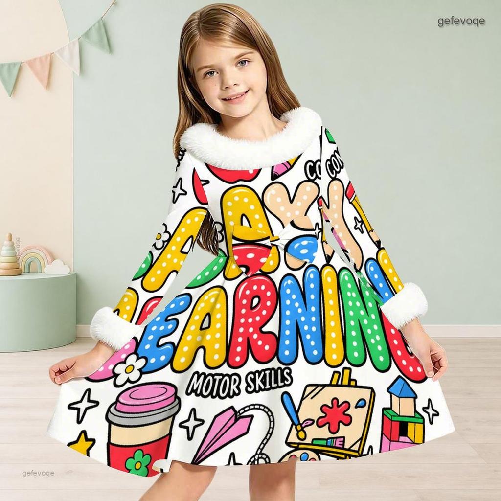 Little Girls White High Neck Fuzzy Trim Long Sleeve Tie Waist Motorcycle Printed A Line Flared Dress