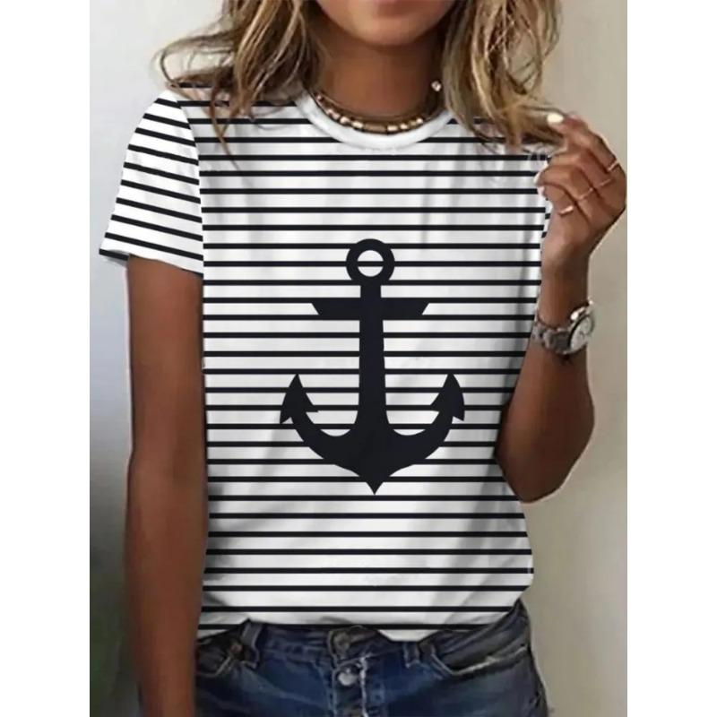 Women's 3D Printed T-Shirt Colorful Striped Boat Anchor Pattern Print Short Sleeve O-Neck Pullover Casual Top