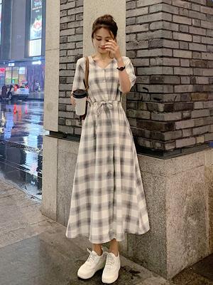 Plaid Shirt Dress Women's New Summer Long Fairy Super Fairy Mori French Long Dress Waist Skirt