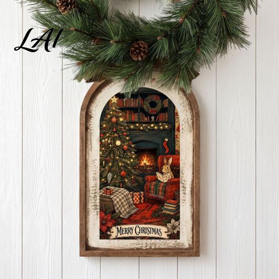 Vintage Christmas Home Decor Rustic Wooden Decoration Arched Window Frame Wall Decor Winter Xmas Holiday Party Table Sign Tabletop Ornament