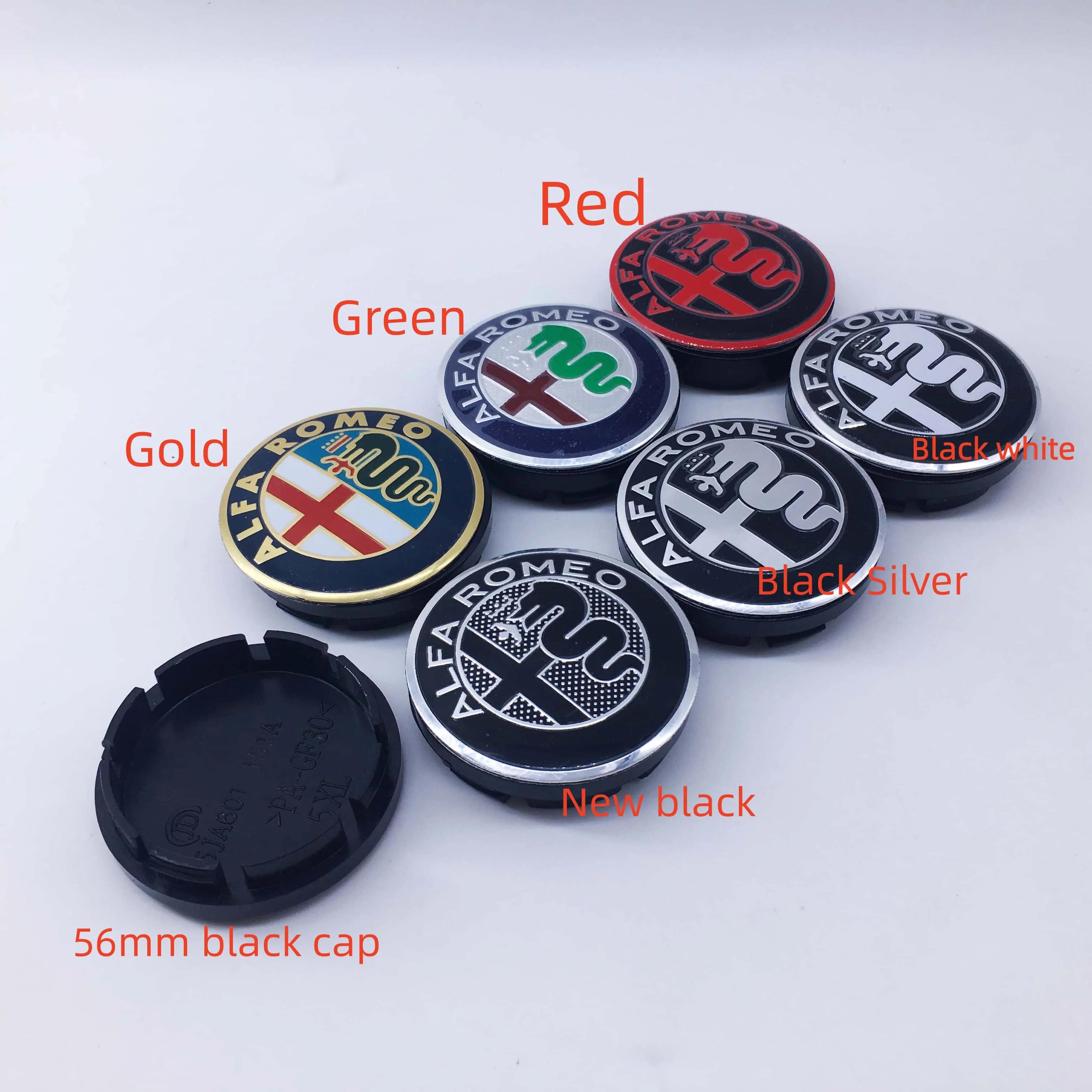 

Автомобильные наклейки для Alfa Romeo 4 шт. 56 мм Колпачки ступицы Черные колпачки для Alfa Romeo GTAM Giulietta GT Mito Brera Giulia - Логотип колеса автомобиля H Black Silver