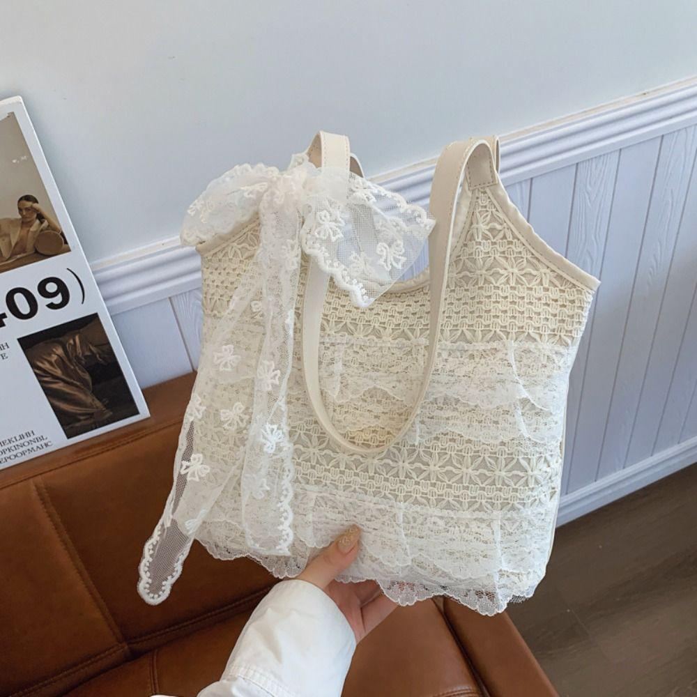 

With Ribbon Simple Canvas Handbag Tote Bag Large Capacity Bag Big Pouch Lace Shoulder Bag Daily without Ribbon