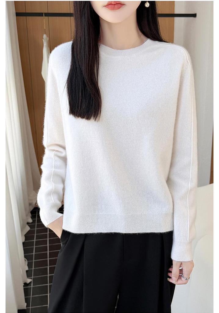 Women's 100% Wool Round Neck Long Sleeve Knitwear - Stylish Slimming Pullover for Autumn/Winter