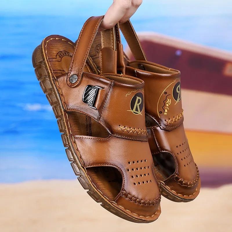 FashionSummer Leather Retro Hollow Beef Tendon Sole Outdoor Beach Men's Sandals Designer New Casual Soft Sole Indoor Man Slippers