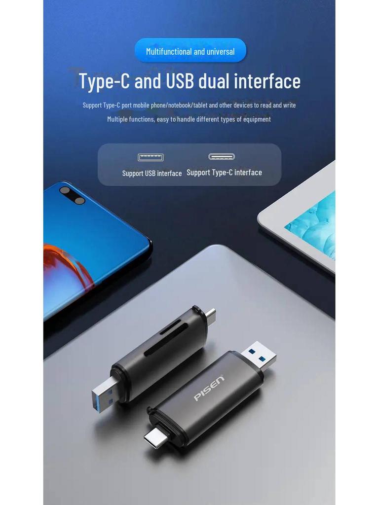 PISEN USB 3.0 & Type-C 3.0 Aluminum Alloy Dual SD/TF Card Reader