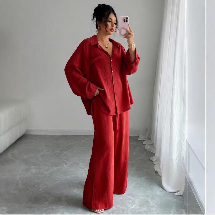Spring Fashion Plus-Size Women's Two-Piece Set: Linen-Style Shirt & High-Waisted Loose Pants