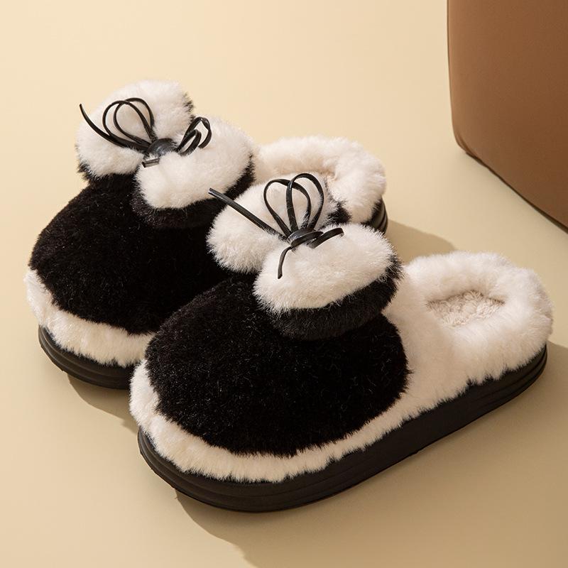 Bow plush cotton slippers women's 2025 new winter non-slip thick bottom piled thickened warm home cotton mop