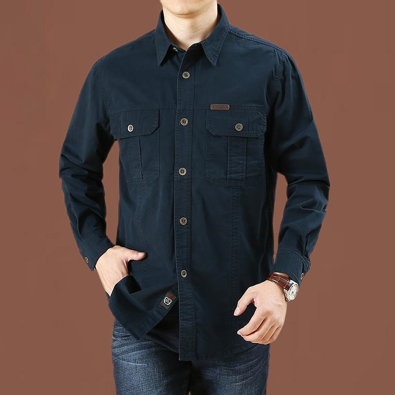 Men's New Long-sleeved Shirt Loose Large-size Top Spring and Autumn Washing Sports Outdoor Pure Cotton Casual Work Shirt