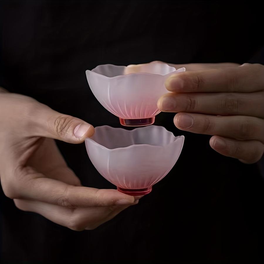 4pcs 40ml 1.35oz Japanese Gradient Pink Frosted Glass Tea Cups,Cute Pink Cherry Blossom Heat Resistant Tea Cup for Home, Office, Gift for Mother