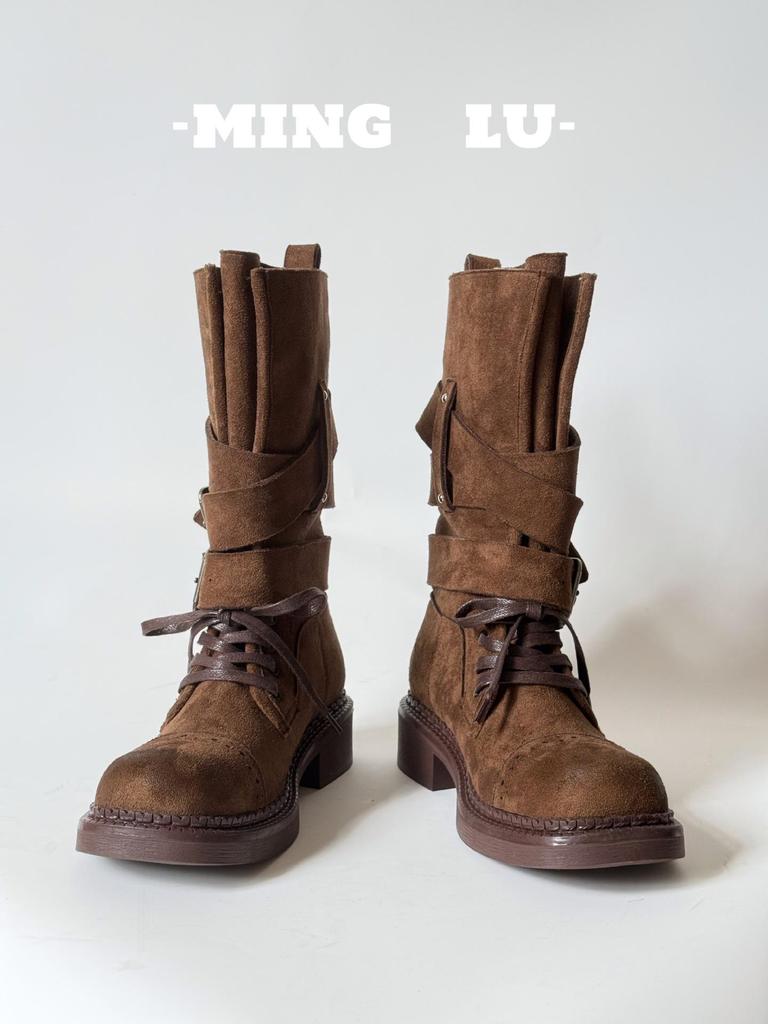 Damen 2025 Retro Schnür-Martin-Stiefel - Dicke Sohle Gürtelschnalle Mid-Calf Motorradstil