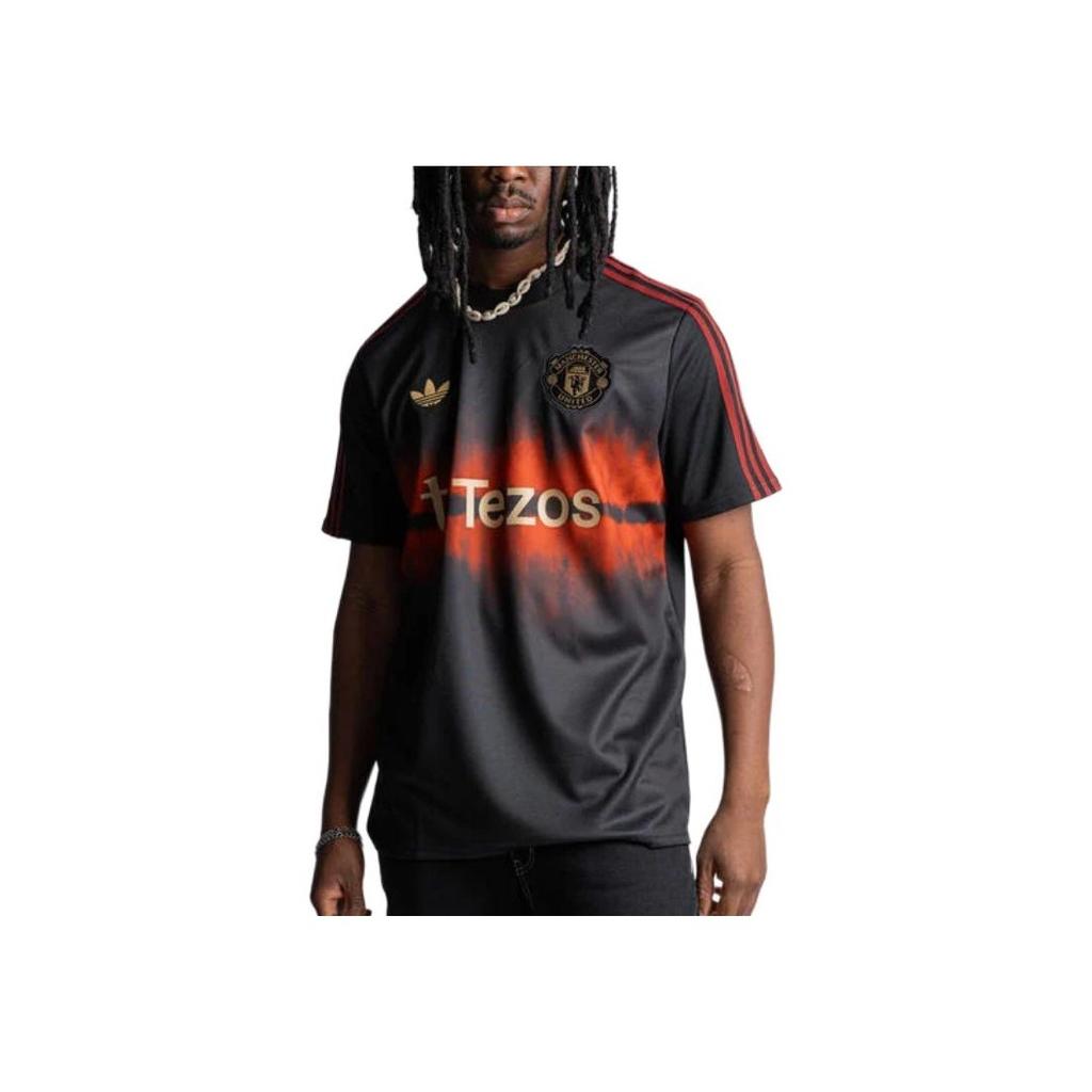 Adidas Originals Manchester United Logo Stripe Pullover Short Sleeve Football Shirt Men Tops Black JF0377