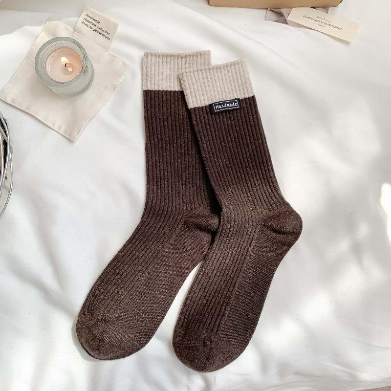 Wool Socks with Children's Multi-color Letter Fabric Labels, Mid-calf Socks, Vertical Stripes, Chunky Socks