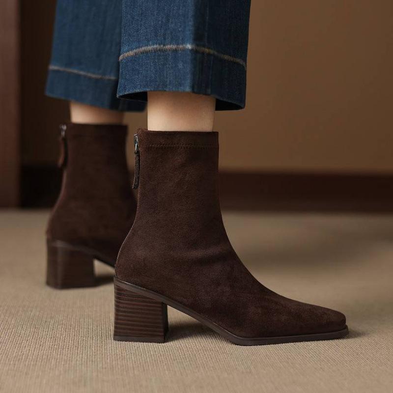Autumn and Winter Women's Elastic Martin Boots Solid Color Suede Rear Zipper Large Size High Heel Women's Boots Rubber Sole Round Head Medium Boots