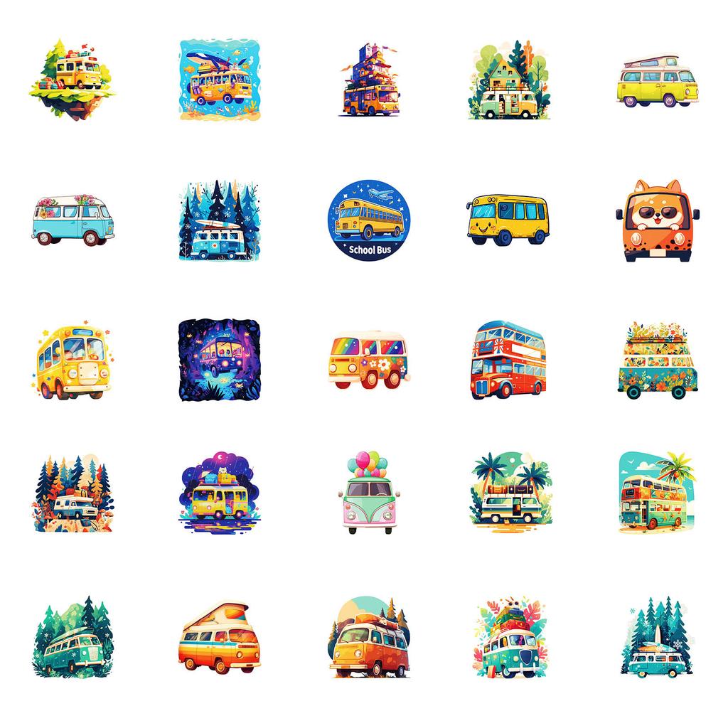 50 Cute Multicolor Floats Bus Cartoon Transportation Series Waterproof Decorative Stickers Children'S Enlightenment Education