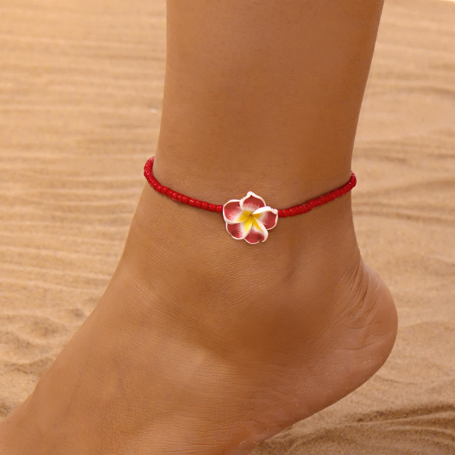 

Bohemian Handmade Rice Beads Polymer Clay Flower Anklet for Women Summer Beach Bright Color Egg Flowers Ankle Bracelet Jewelry