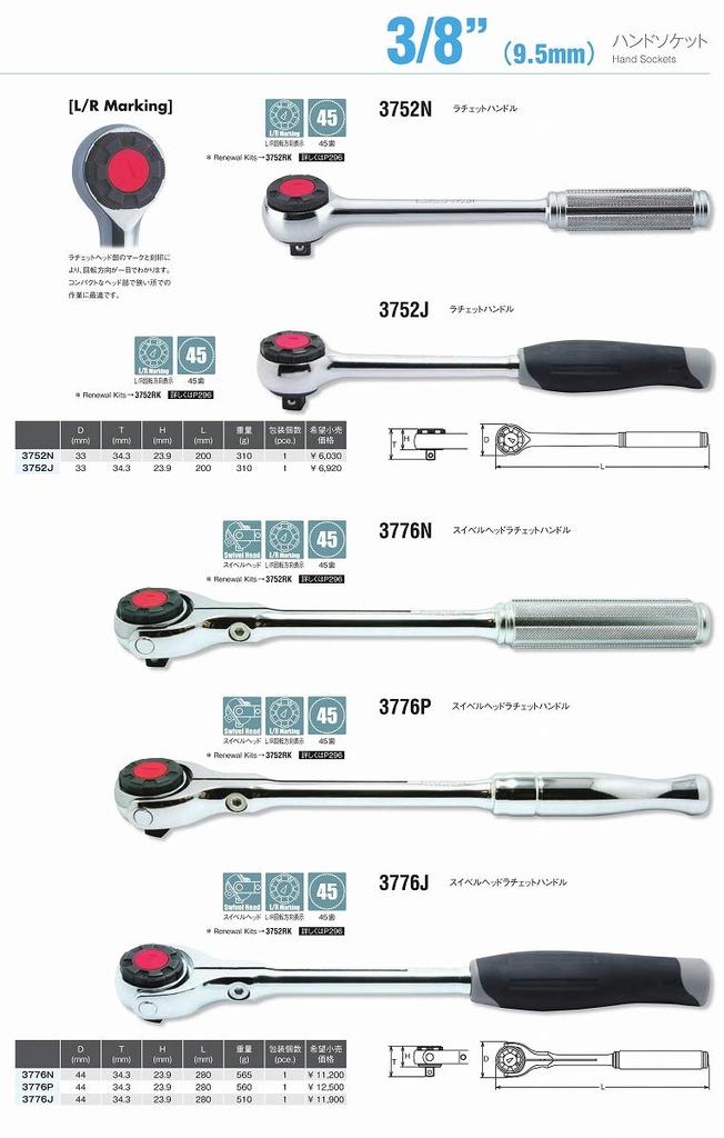 Koken Square Drive Ratchet Handle 200mm Overall 3752N 3/8" (9.5mm) (Knurled Grip), Length,