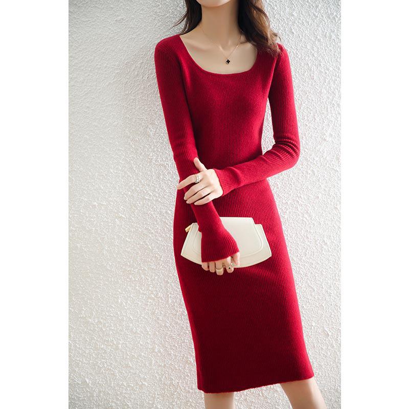 Wool Knitted Retro Bodycon Dress Skirt with Long Sleeves