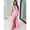 Europe, America 2025 Summer New Product Amazon Sexy Neck Deep V-neck Dress Sleeveless Backless Side Split Dress