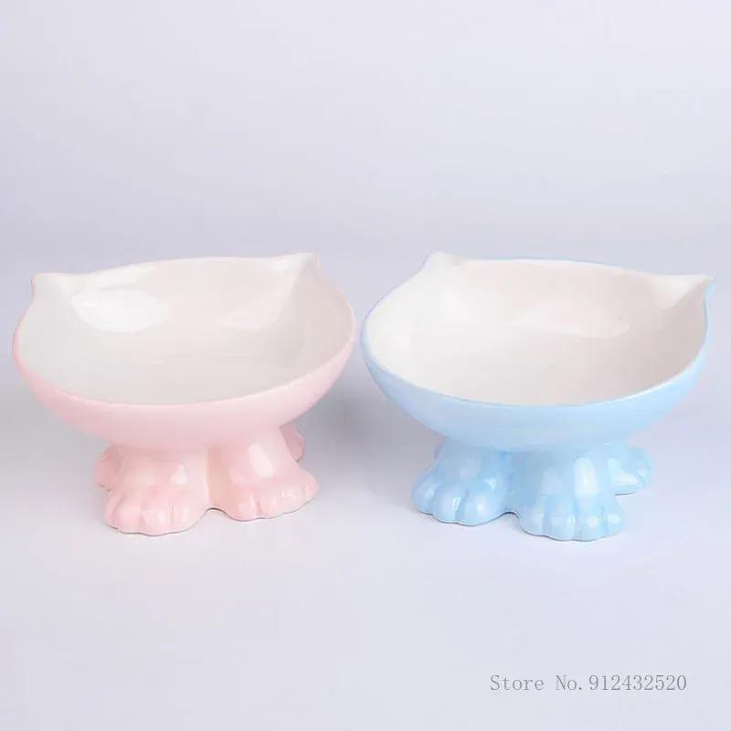 Cat Ceramic Pet Bowl Oblique Mouth Feeding High Foot Protection Cervical Spine Color Inclined Ceramic Cat Bowl Pet Supplies, 1Pc