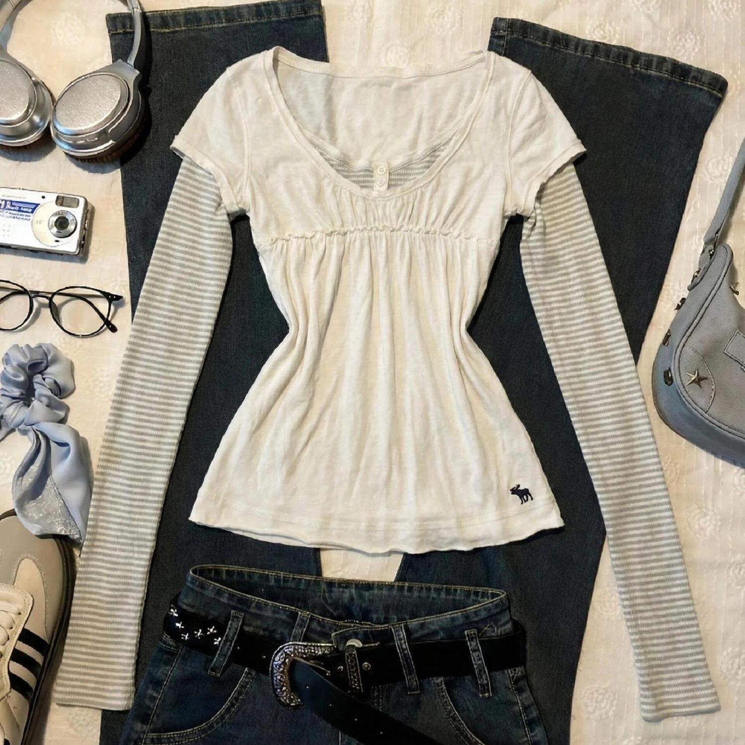 Корейская ретро-футболка в полоску, пэчворк, приталенная, кремовая Medium