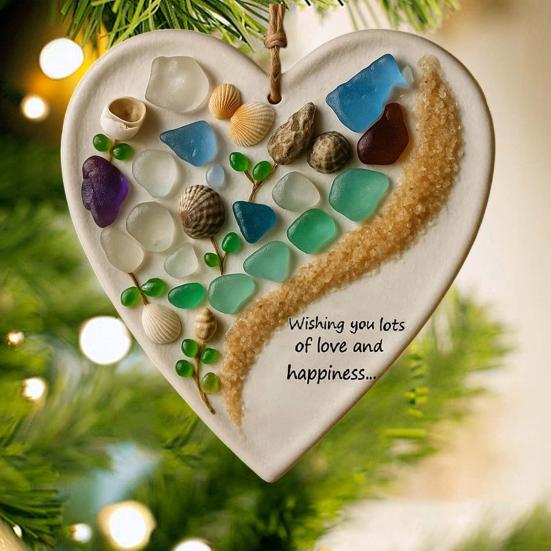Wishing You Lots of Love And Happiness Sea Glass Ornament Handcrafted Round/Heart-Shaped Sea Glass Keepsake Christmas Tree Hanging Ornament