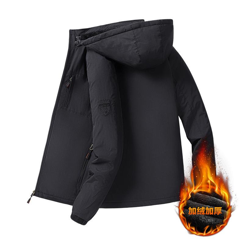 Autumn and winter outdoor casual jackets, men's plus-size jackets, young and middle-aged fleece thickened hooded jackets, trendy cotton clothes
