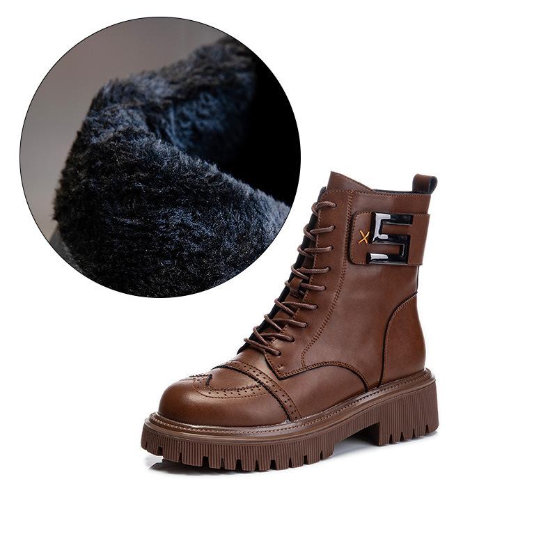Autumn and winter new thick-soled medium-tube leather Martin boots women's velvet short boots thick-soled casual women's shoes