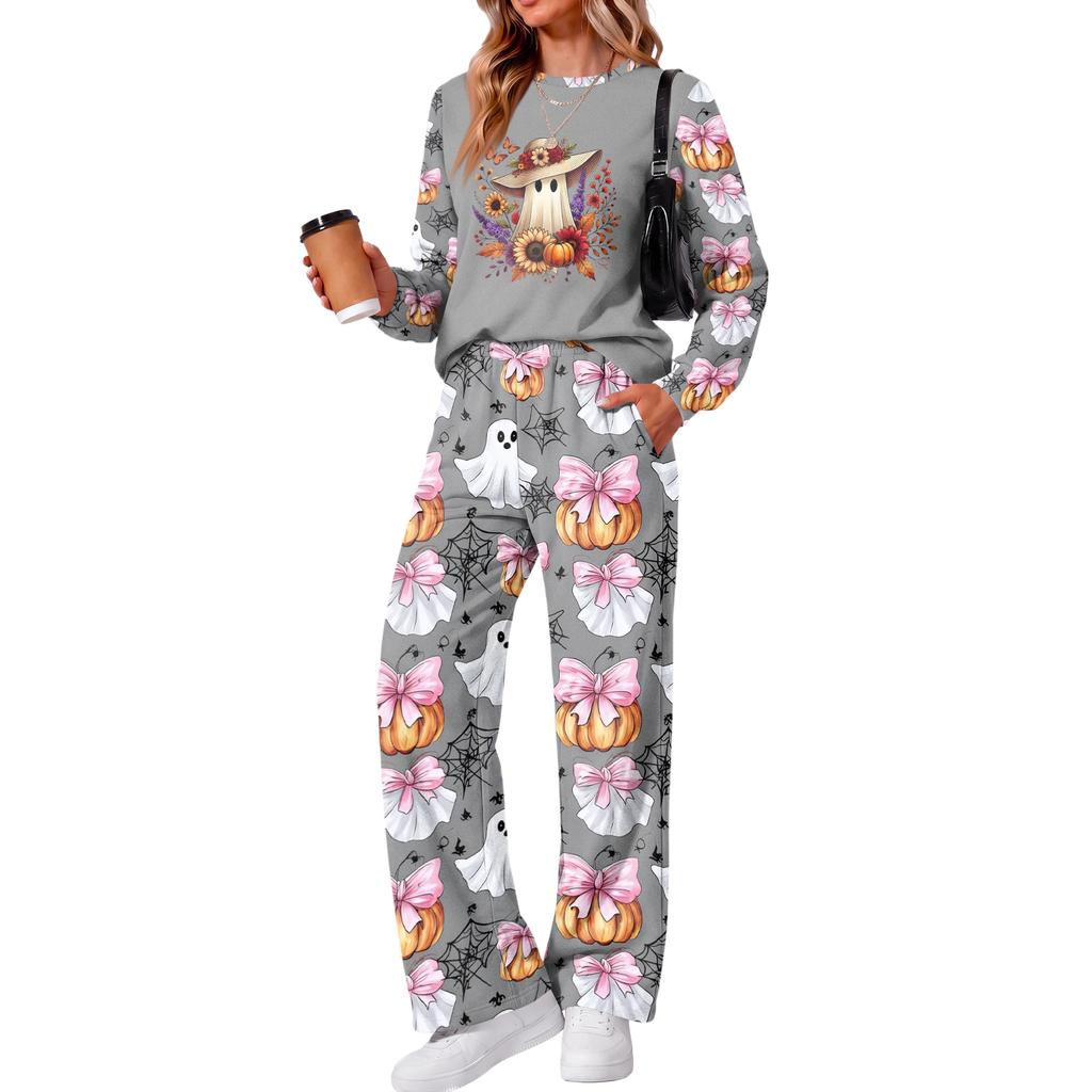 Women's Halloween Print Hoodie and Jogger Pants Set, Round Neck Loose Fit Casual Sweatsuit