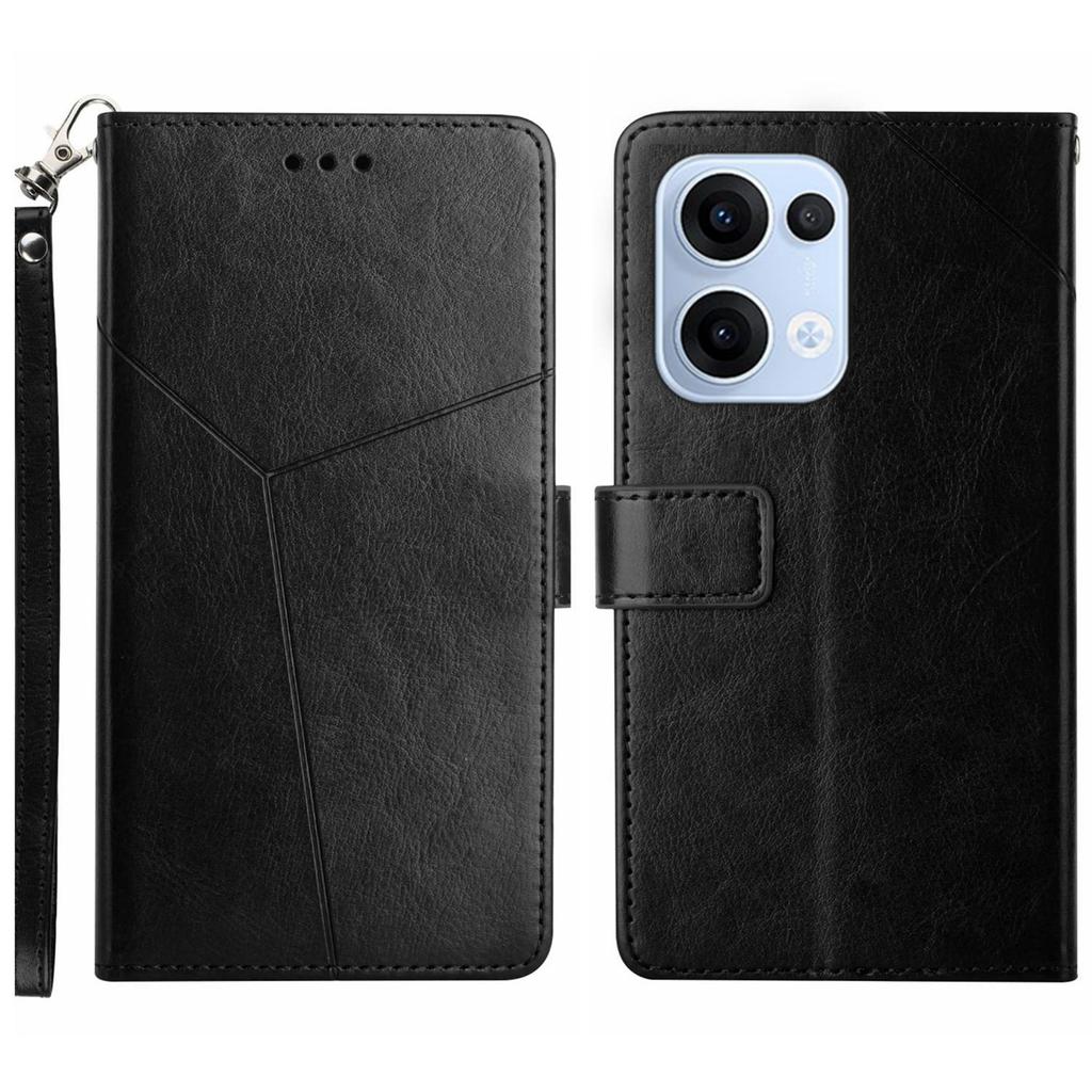 For Oppo Reno13 5G (Global) Case with Wrist Strap Y Shaped Lines Imprint Leather Phone Cover